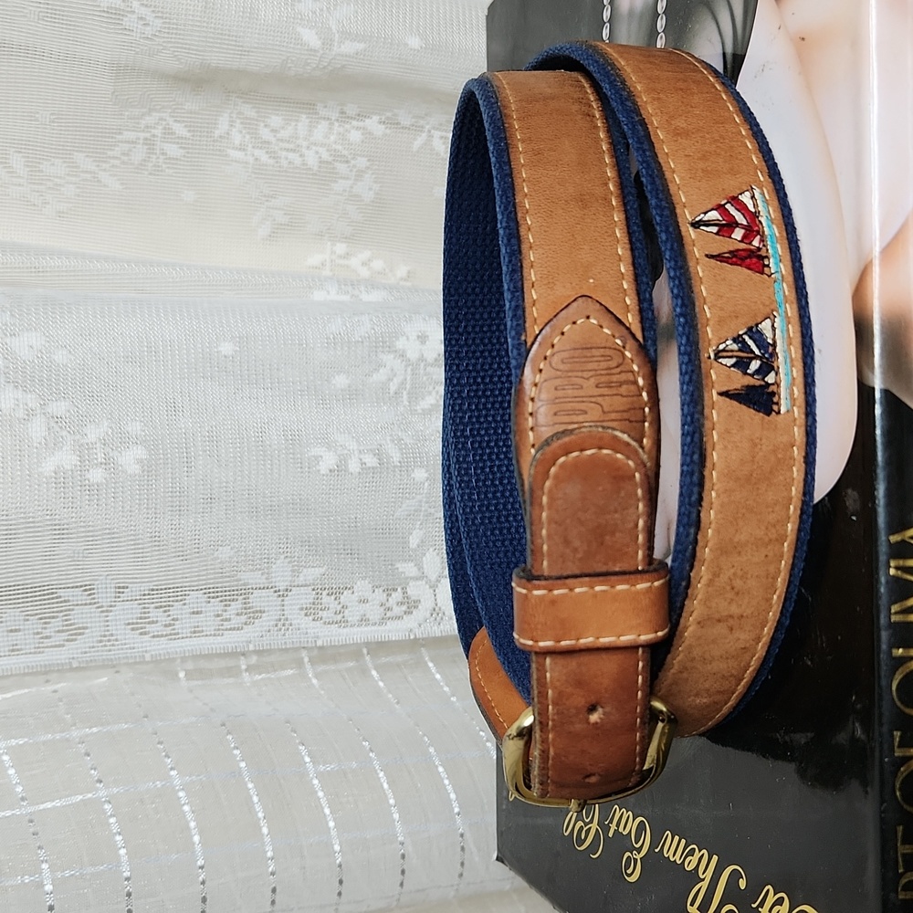 Zep Pro Men's Belt Leather/Canvas Tan Brown Boat Embroidery Brass Buckle 42